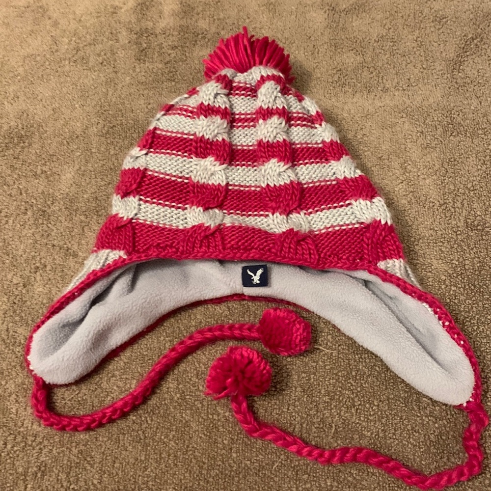 American Eagle Outfitters AE Hat Ear Flaps Gray/Grey & Pink Stripe Like New